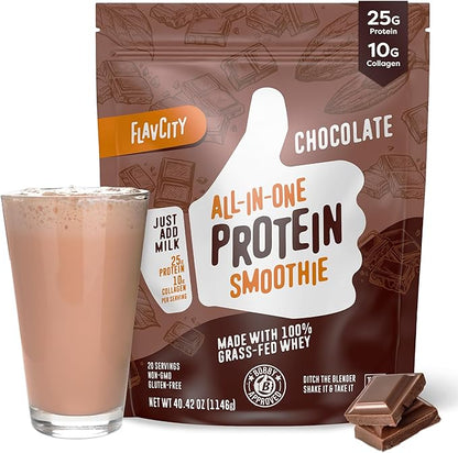 FlavCity Protein Powder Smoothie, Chocolate - 100% Grass-Fed Whey Protein Smoothie with Collagen (25g of Protein) - Gluten Free & No Added Sugars (40.42 oz)