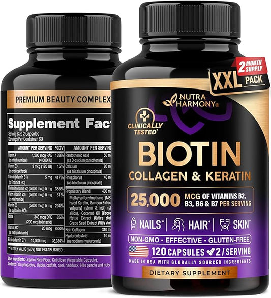 Biotin | Collagen | Keratin - 25,000 mcg B2, B3, B3, B6 B6 & B7 - 120 Capsules, 2 Capsules