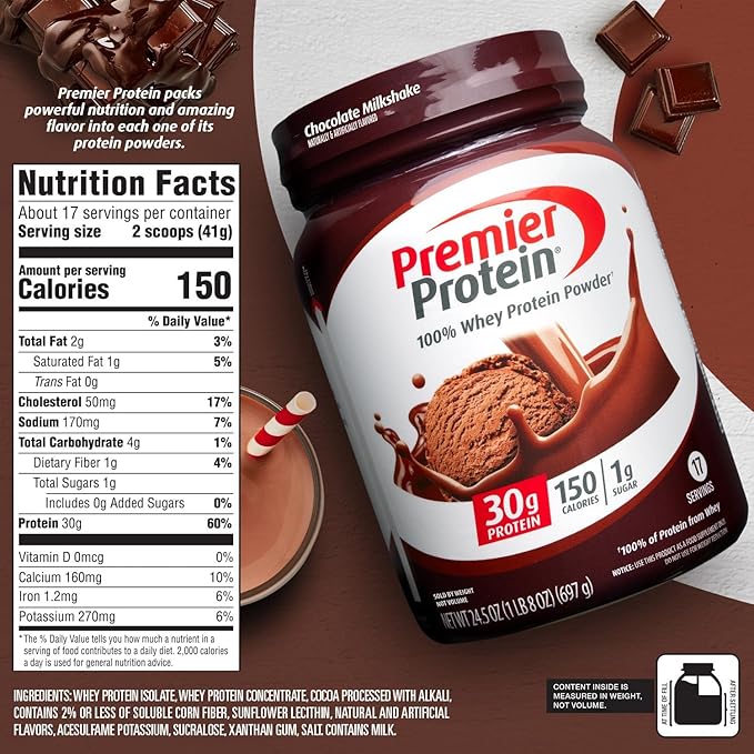 Premier Protein Powder, Chocolate Milkshake, 30g 1g Sugar, 100% Whey 17 Servings, 23.9 Ounce 1)