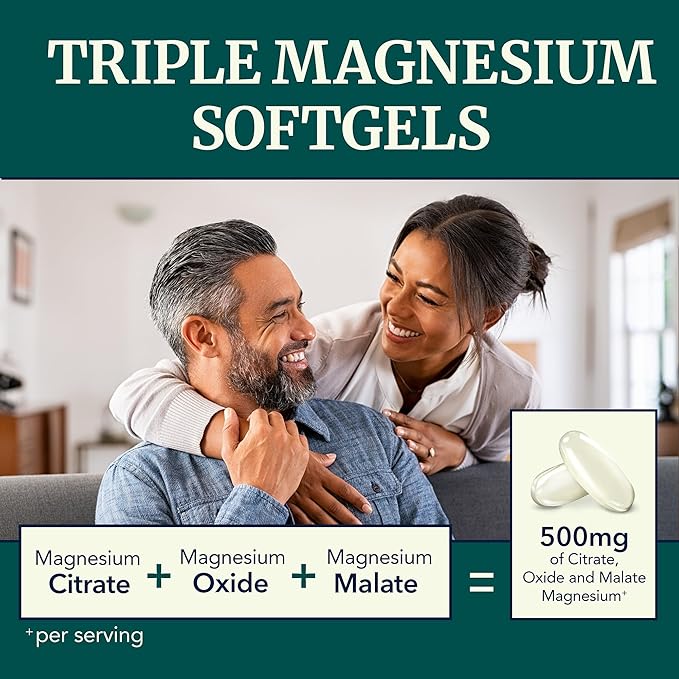 Triple Magnesium Softgels | Citrate, Malate, & Oxide | Highly Absorbable Magnesium Supplement for Digestion, Calm, Leg Cramps, & Sleep Support | 300mg Complex | Easy to Swallow Soft Gels | 60 Count
