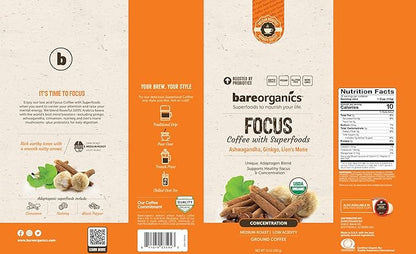 BareOrganics Artisan Ground FOCUS Bagged Coffee with Superfoods, Medium Roast, Non-GMO & Gluten-free, Ginkgo, Ashwagandha & Lion’s Mane Mushrooms, 10 oz