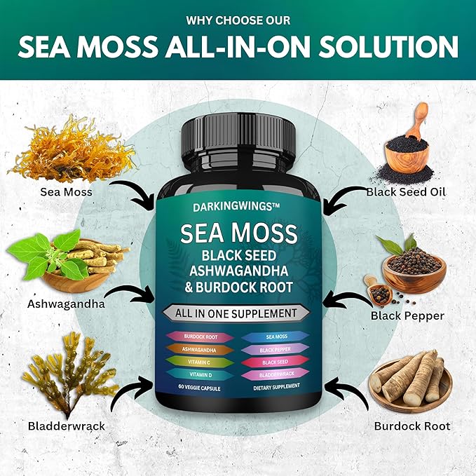 Sea Moss Advanced - Irish Sea Moss 3000mg Black Seed Oil 2000mg Ashwagandha 1000mg Bladderwrack 1000mg Burdock 1000mg Vitamins C&D - Sea Moss Overall Health, Immunity Support, 60 Sea Moss Capsules