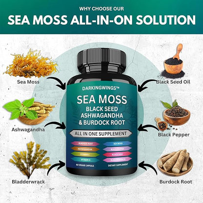 Sea Moss Advanced - Irish Sea Moss 3000mg Black Seed Oil 2000mg Ashwagandha 1000mg Bladderwrack 1000mg Burdock 1000mg Vitamins C&D - Sea Moss Overall Health, Immunity Support, 60 Sea Moss Capsules