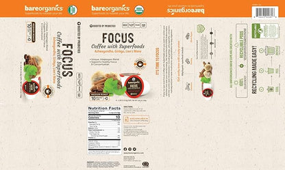 BareOrganics 13180 Focus Coffee with Superfoods, Organic Probiotic Coffee, 10 Single Serve Cups