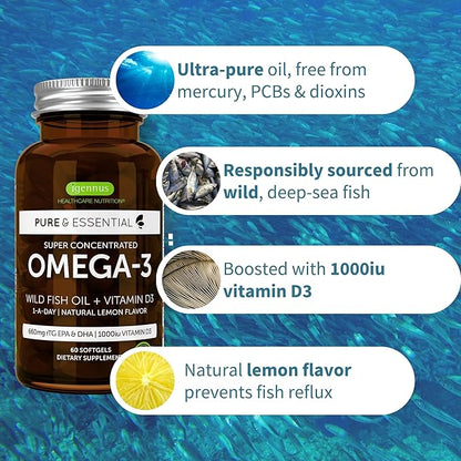 Pure & Essential Omega-3 & D3 1000iu, Fast-Acting 1-a-Day, Highly 60 Softgels