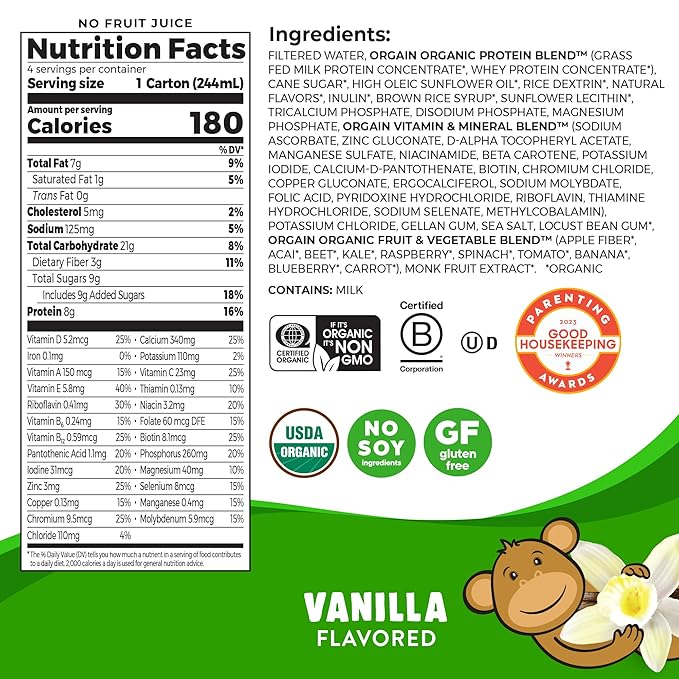 Orgain Organic Kids Nutritional Protein Shake, 8g Dairy 3g Fiber, 22 Vitamins 8.25 Fl (4 Pack)
