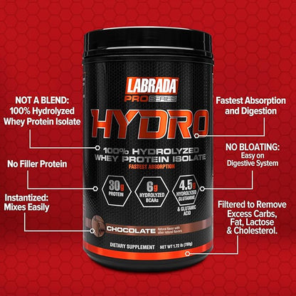 Labrada HYDRO 100% Pure Hydrolyzed Whey 6g BCAA’s, 4.5g Glutamine, 20 Servings(Chocolate)