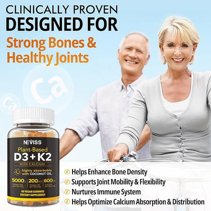 Vitamin D3 5000iu & K2( as MK7 ) 200mcg Gummies 600mg Calcium, D3 K2 K2 Supplement 60 Count