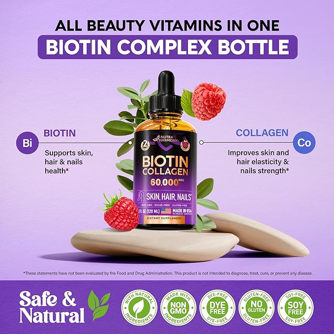 Liquid Biotin & Collagen - Vitamins for Hair Growth Support for Women & Men - Extra Strength 60000 mcg Drops - B7 Supplement - Strong Nails & Healthy Skin - 98% Faster Absorption Than Pills