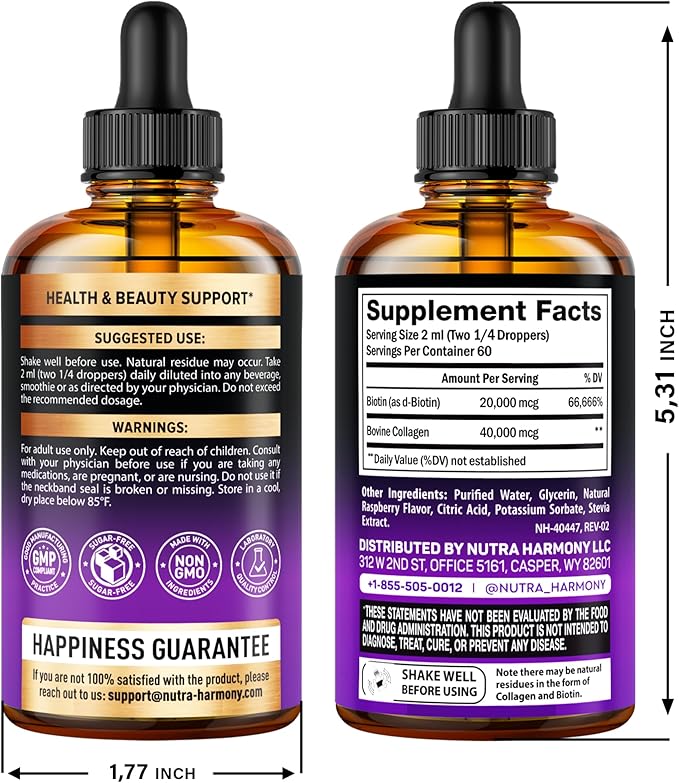 Liquid Biotin & Collagen - Vitamins for Hair Growth Support for Women & Men - Extra Strength 60000 mcg Drops - B7 Supplement - Strong Nails & Healthy Skin - 98% Faster Absorption Than Pills