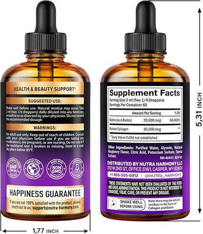 Liquid Biotin & Collagen - Vitamins for Hair Growth Support for Women & Men - Extra Strength 60000 mcg Drops - B7 Supplement - Strong Nails & Healthy Skin - 98% Faster Absorption Than Pills