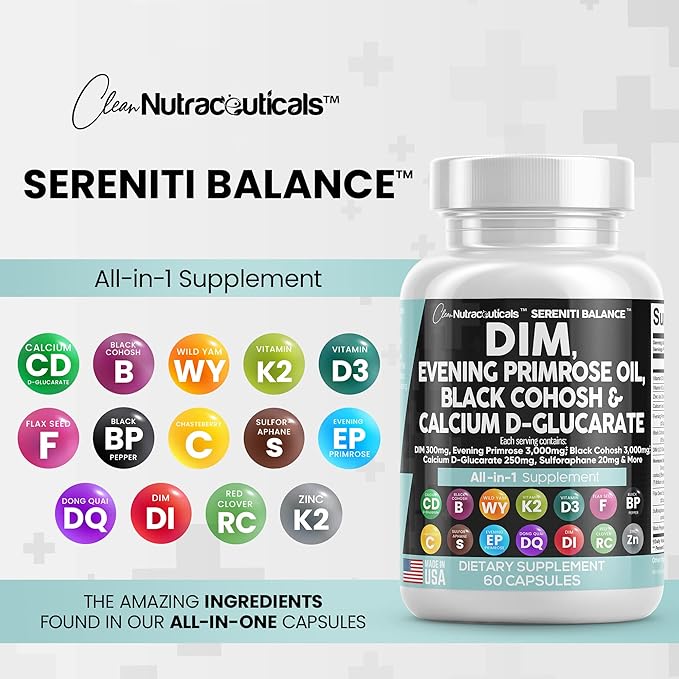 Clean Nutraceuticals DIM 300mg Evening Primrose 3000mg Black 3000mg Calcium 250mg Sulforaphane 60 Caps