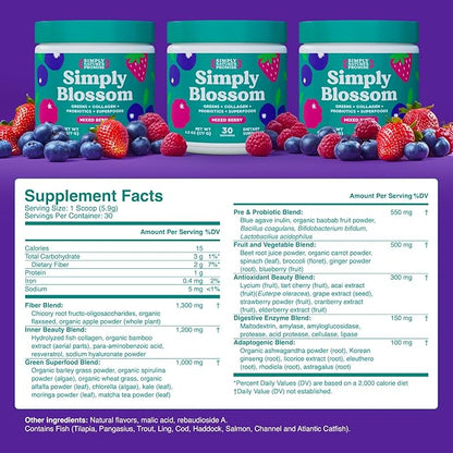 Simply Nature's Promise Blossom Nutrition - Daily Greens & Superfood Powder + Collagen + Probiotics for Women's Digestive Health & Bloating Relief. Help Your Health Bloom - 3 Month Supply