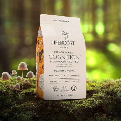 Lifeboost French Vanilla Cognition Mushroom Coffee - Lions Mane & Chaga Nootropic Coffee - Low Acid Medium Organic Coffee - Increase Energy, Boost Focus & Immune Support - 12 oz Bag - Ground