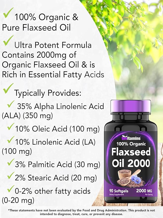 Organic Flaxseed Oil Softgels: 2000 mg 90 Softgels Omega-3 Fatty