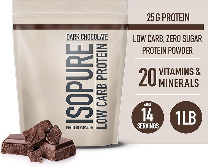 Isopure Low Carb 100% Pure Whey Isolate Protein Powder, Lactose Free, Gluten Free, With Vitamins, Dark Chocolate, 25g Protein Per Serving, 1 Lb, 14 Servings
