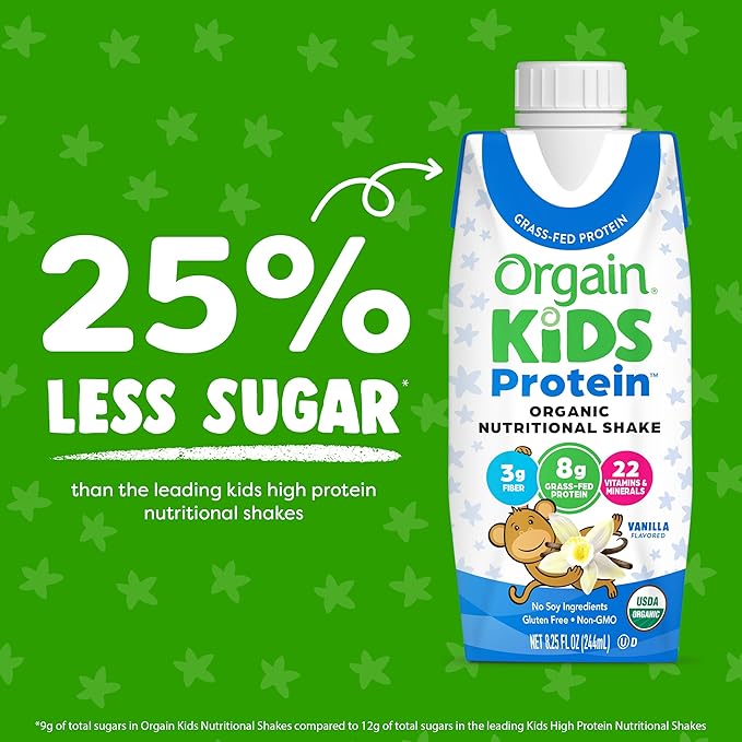 Orgain Organic Kids Nutritional Protein Shake, 8g Dairy 3g Fiber, 22 Vitamins 8.25 Fl (4 Pack)