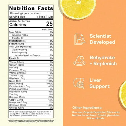 Pre and Post Drinking Liver Support for Morning Recovery | Electrolyte + Vitamins and Mineral Hydration Packs | Perfect After a Night Out | Vacation and Travel Essential (16 Pack, Lemonade)
