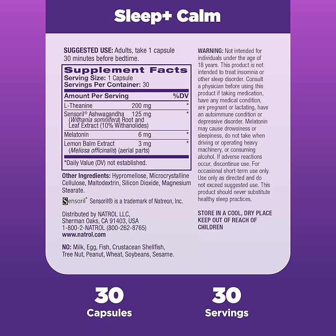 Natrol Sleep+ Calm Melatonin 6mg 30 Capsules, 30 Day 12)