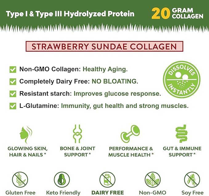 MariGold Grass-fed Collagen Peptides Powder Strawberry 1LB - 100% Pure,