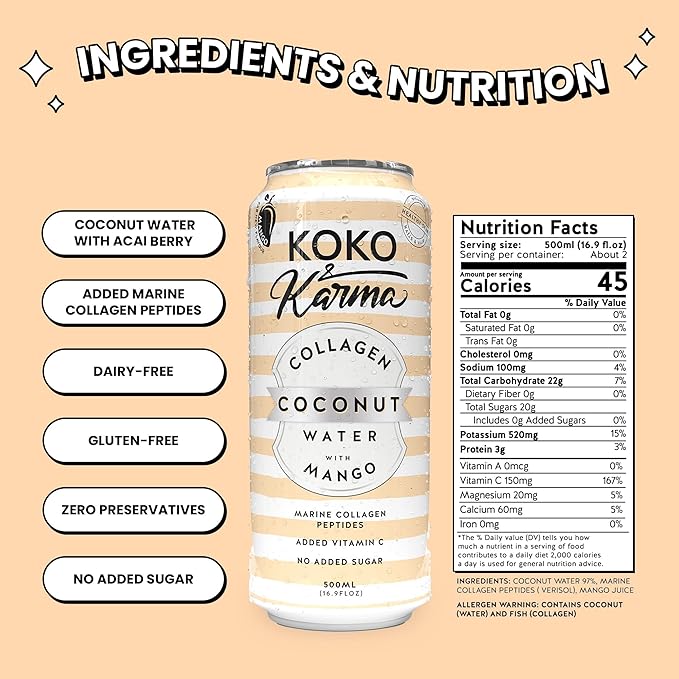 Koko & Karma – Pure Coconut Water with Marine Collagen Peptides & Mango Refreshing Taste with No Added Sugar or Preservatives – 12 Pack – 16.9 Ounce Cans