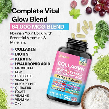 Zoyava Collagen Pills Peptides Types I, (180 Caps)