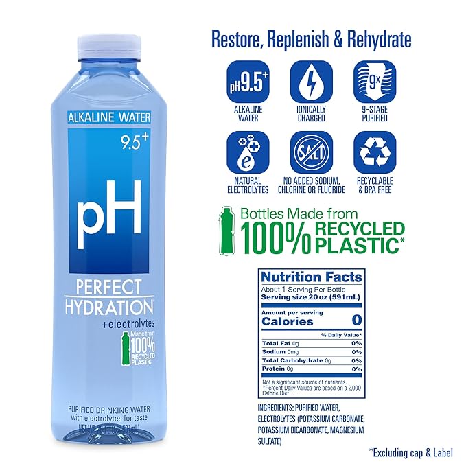 Perfect Hydration 9.5+ pH Alkaline Drinking Water 100% Recycled Bottles Electrolyte Minerals for Taste 24 pack - 20 oz