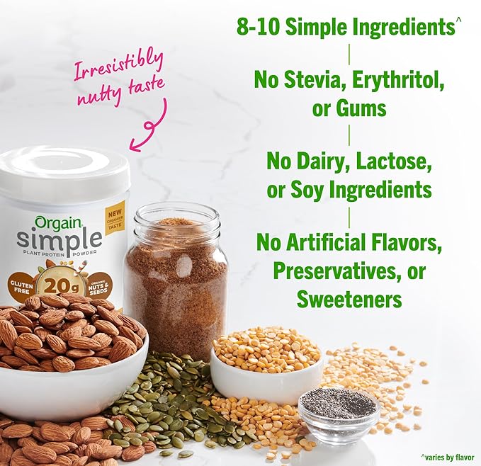 Orgain Organic Simple Vegan Protein Powder, Peanut Butter - 20g Plant Based Protein, With less Ingredients, No Artificial Sweeteners, Gluten Free, No Lactose Ingredients, 1.25 lb (Packaging May Vary)