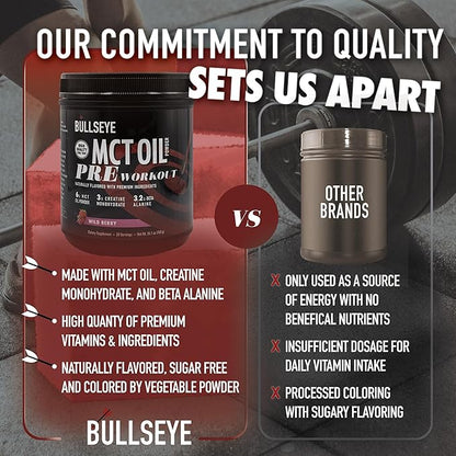 Bullseye MCT Oil Pre Workout Supplement - Creatine Monohydrate, Medium Chain Triglycerides, Beta Alanine, Caffeine, L-Citrulline, Muscle Gainer, Focus, Endurance, Energy -20 Servings - Wild Berry
