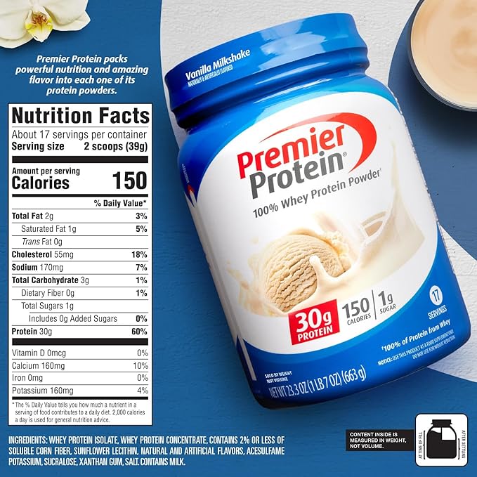 Premier Protein Powder, Vanilla Milkshake, 30g 1g Sugar, 100% Whey 17 Servings, 23.3 Ounces