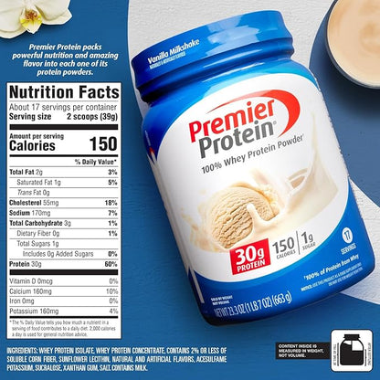 Premier Protein Powder, Vanilla Milkshake, 30g 1g Sugar, 100% Whey 17 Servings, 23.3 Ounces