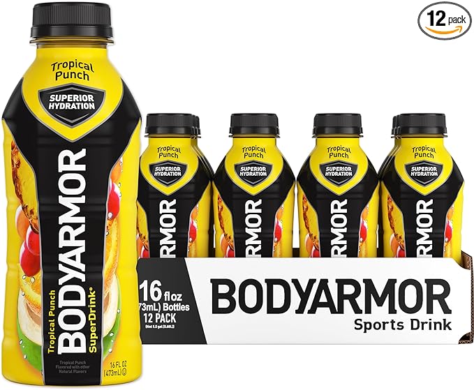 BODYARMOR Sports Drink Sports Beverage, Tropical Punch, Coconut Water Hydration, Natural Flavors With Vitamins, Potassium-Packed Electrolytes, Perfect For Athletes, 16 Fl Oz (Pack of 12)