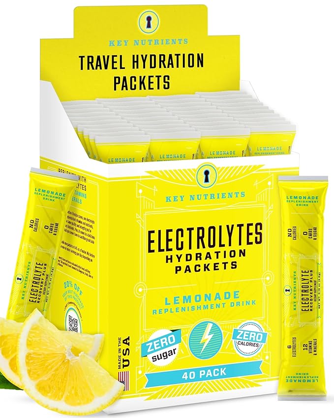 KEY NUTRIENTS Multivitamin Electrolytes Hydration Packets - Refreshing Lemonade Post Workout and Recovery 40 Pack - No Sugar, No Calories - Travel Hydration Powder