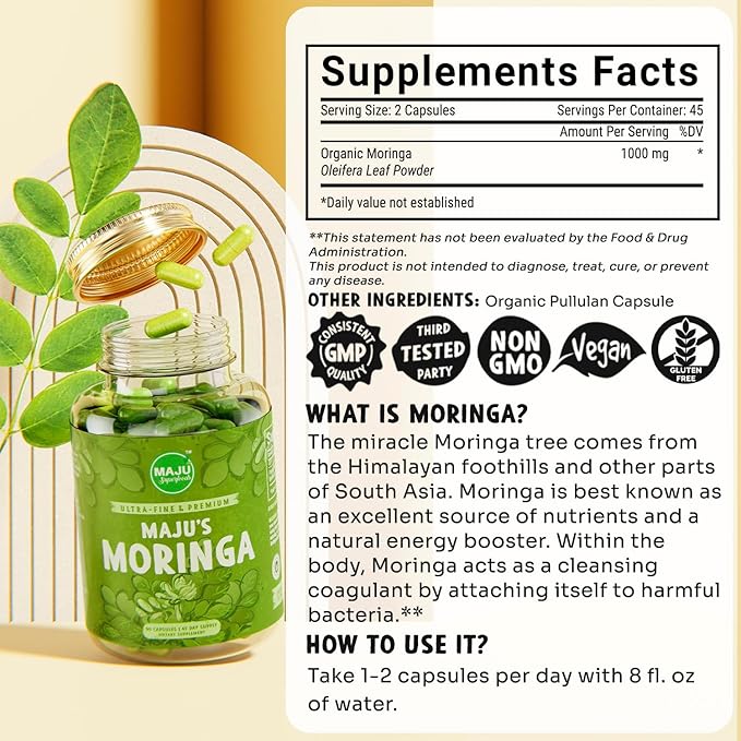 Maju Superfoods Organic Moringa Capsules, Oleifera Leaf, Extra-Fine Quality Moringa Leaves, Dried Drumstick Tree Leaves, Organic Moringa Powder Extract Supplement Capsules from Plant (90 ct)