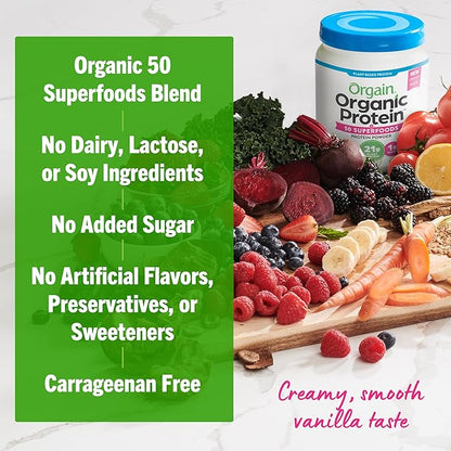 Orgain Organic Protein and Superfoods Plant Based Protein Powder, Vanilla Bean, 2.7 lbs