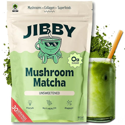 JIBBY Mushroom Matcha Super Latte - Ceremonial Grade Green Tea Organic Matcha Powder, Collagen, MCT Oil, Superfood Mushrooms, Matcha Latte Collagen Powder, Matcha Powder (Unsweetened, 30 Servings)