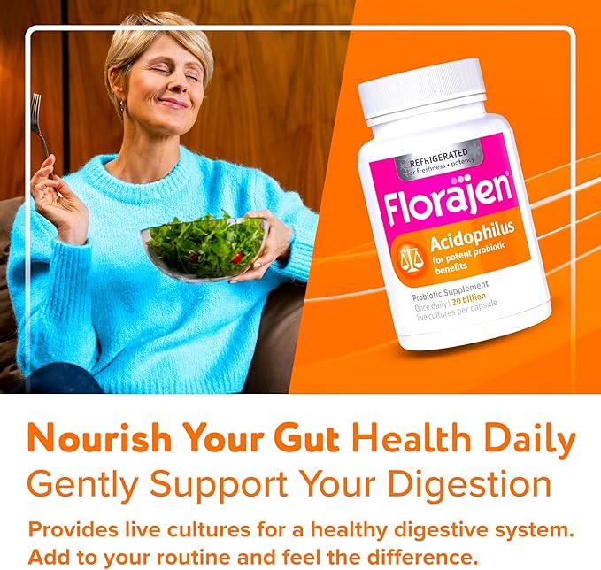 Florajen Acidophilus Probiotics, Gut Health, Vaginal Health, and Immune Support Supplement, Constipation and Bloating Relief for Adults, 30 Capsules (Refrigerated)