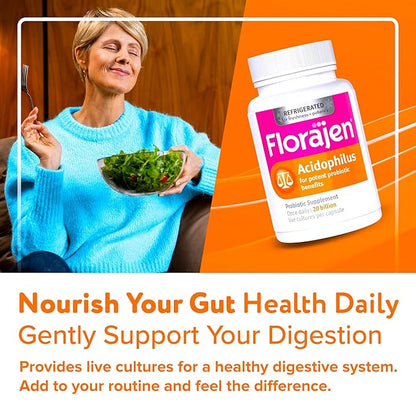 Florajen Acidophilus Probiotics, Gut Health, Vaginal Health, and Immune Support Supplement, Constipation and Bloating Relief for Adults, 60 Capsules (Refrigerated)