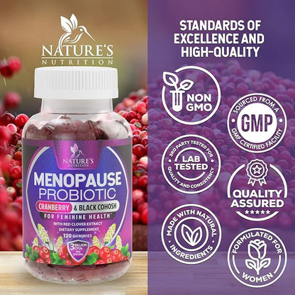 Menopause Probiotic for Women Gummy with Cranberry, 3 Billion CFU Natural Menopause Relief for Mild Hot Flashes & Night Sweats, PH, Vaginal Health, Immune Support, Probiotic Supplement - 120 Gummies