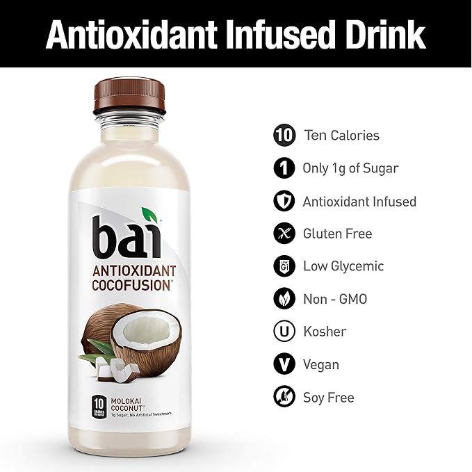 Bai Coconut Flavored Water, Molokai Coconut, Antioxidant Infused Drinks, 18 Fl. Oz. (Pack of 6)