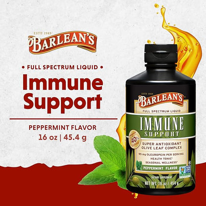 Barlean's Peppermint Olive Leaf Complex Liquid Immune Support Supplement with 95mg Oleuropein Antioxidants, 16 Ounce