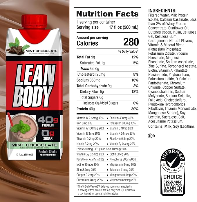 Labrada Lean Body Ready-to-Drink Mint Chocolate 40g Protein, 0 Sugar, 22 Vitamins 12) LABRADA