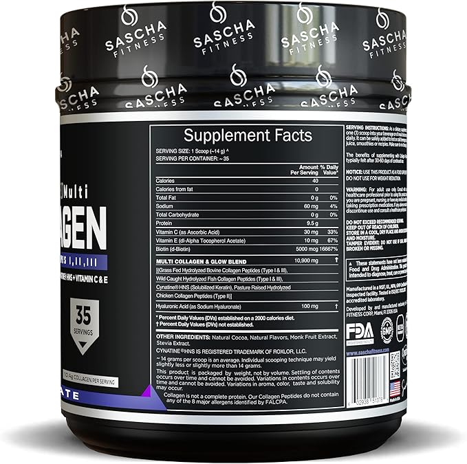 SASCHA FITNESS Hydrolyzed Multi Collagen Peptides 1,2 & 3 |Hyaluronic