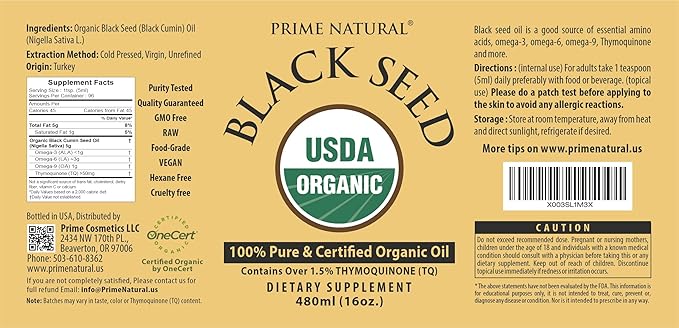 PRIME NATURAL Organic Black Seed Oil 16oz - Cold Pressed Unrefined High Thymoquinone 1.7% USDA Certified - Turkish Origin Potent Nigella Sativa Liquid - Vegan Omega 3 6 9, Antioxidant