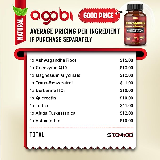 Ashwagandha Capsules w Healthy Support & CoQ10, Magnesium 180 Pills