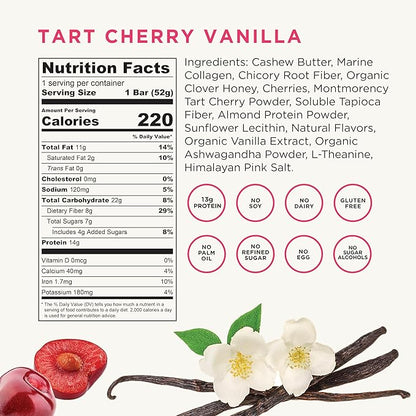 Wellcome Tart Cherry Vanilla Marine Collagen Protein Bar with Ashwagandha and L-Theanine - Adaptogenic Snack Bar - Dairy Free Health Bar for Functional Active Lifestyle (Pack of 12)