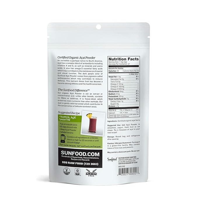 Sunfood Superfoods Organic Acai Powder - Acai Powder Organic, Acai Powder for Smoothie Bowles, Dried Acai Berry Mix with Antioxidants & Vitamin C, 100% Pure, USDA Organic, Non GMO - 4 Oz Bag