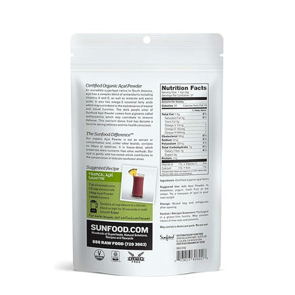 Sunfood Superfoods Organic Acai Powder - Acai Powder Organic, Acai Powder for Smoothie Bowles, Dried Acai Berry Mix with Antioxidants & Vitamin C, 100% Pure, USDA Organic, Non GMO - 4 Oz Bag