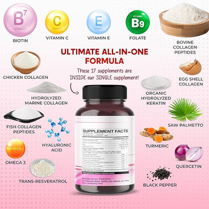 Collagen Biotin Resveratrol Saw Palmetto - Skin, Joint Health Support - Made in USA