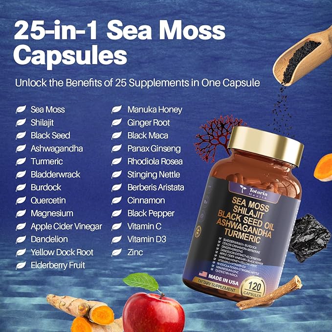 25-in-1 Sea Moss Black Seed Oil 18525mg, Sea C&D3 for 120 Caps